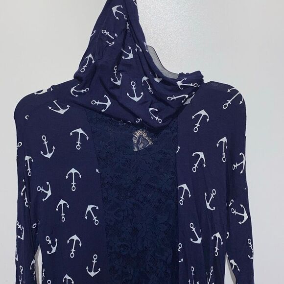 American Dream Women's Navy White Floral Lace Back Stretch Pullover Hoodie Small - Picture 4 of 8